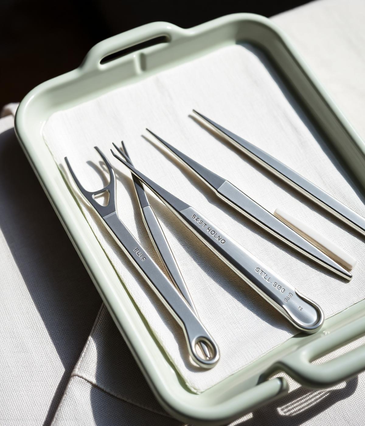 Sterilised dental instruments laid out on a tray